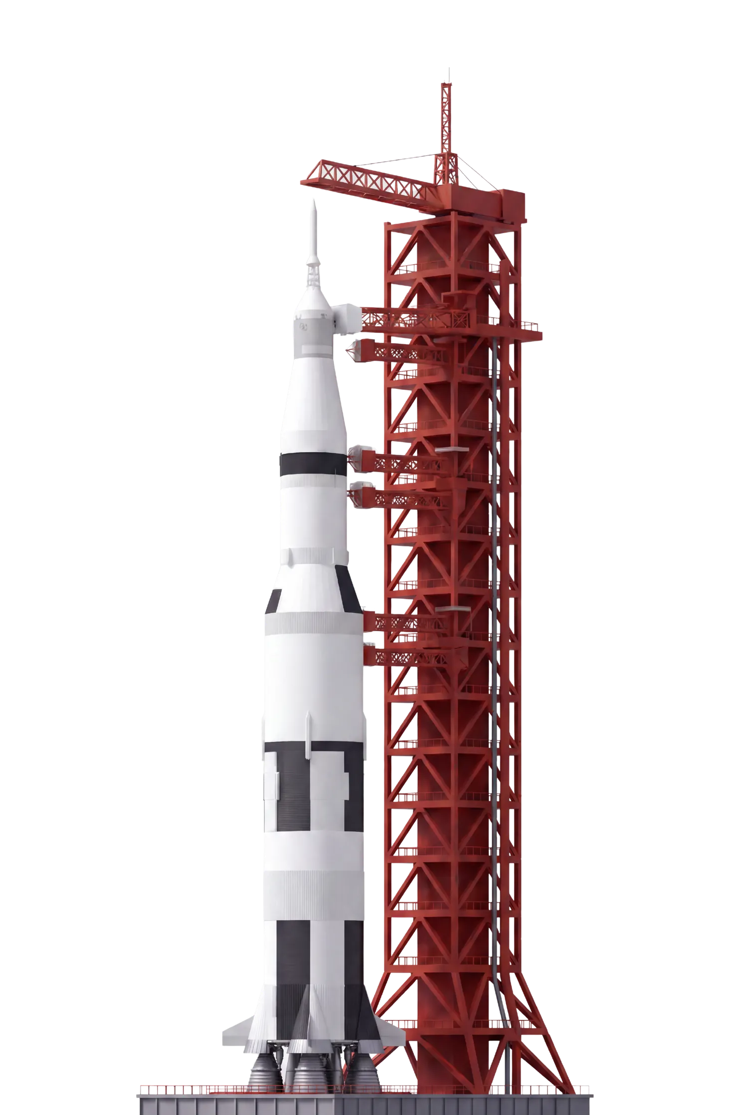 A white Saturn V rocket standing full-height beside its red gantry tower on the launch platform, engines to nose
